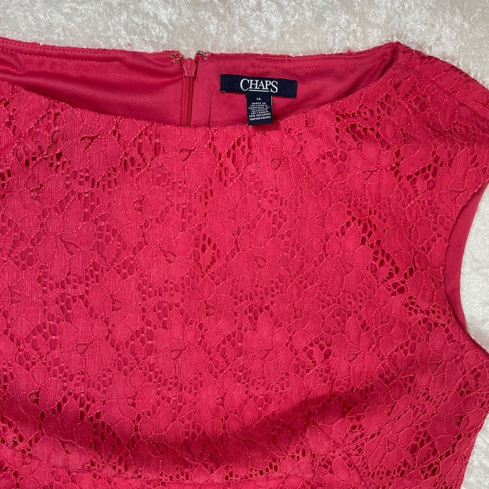 Chaps Sheath Dress Womens 14 Coral Pink Excellent Lace Sleeveless Boat Neck